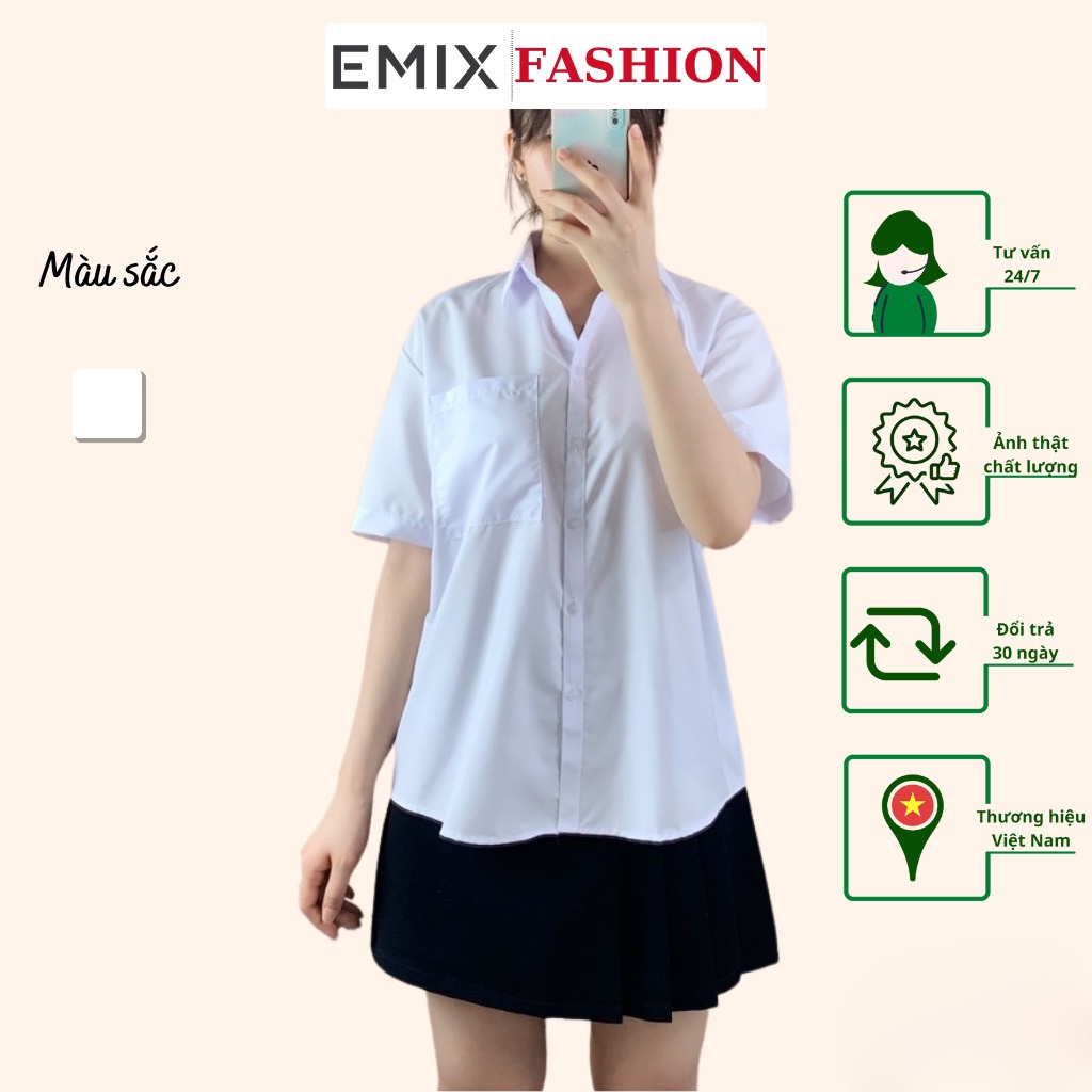 Áo sơ mi nữ basic EMIX (màu trắng xanh), dáng dài, cơ bản, cộc tay, form rộng, vải lụa thô mềm nhẹ, KHÔNG LỘ
