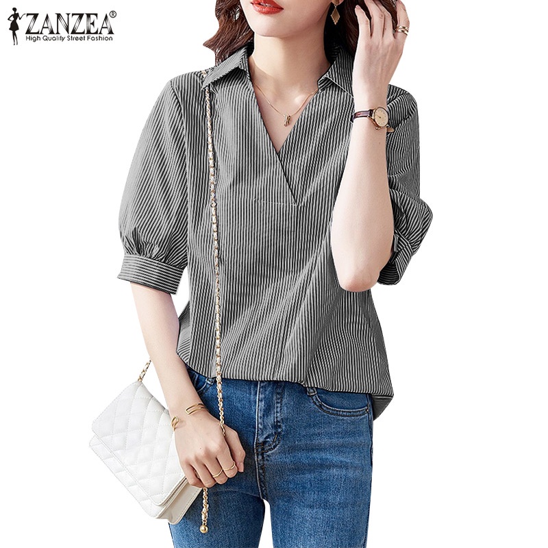 ZANZEA Áo Nữ Tay Ngắn Cổ Chữ V Họa Tiết Sọc Thời Trang