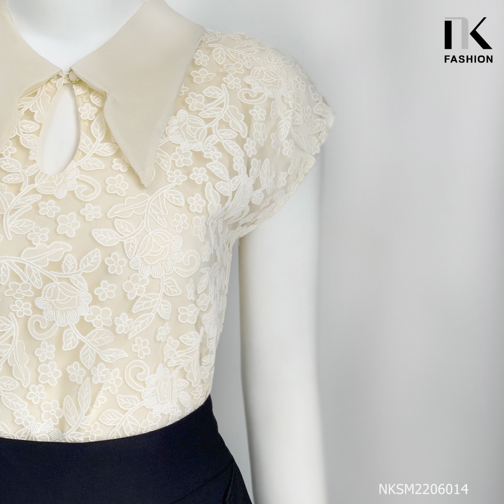 Áo Sơ Mi Ren Vai Chờm Cổ Kiểu NK FASHION Thiết Kế Ngắn Tay, Thanh Lịch, Sang Trọng NKSM2206014