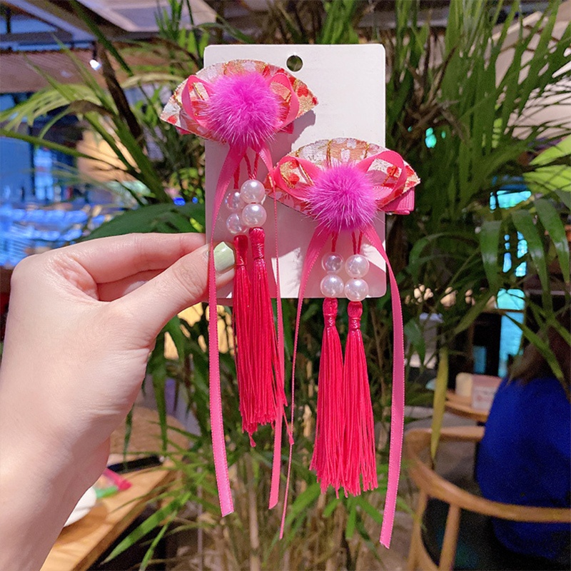 Kẹp Tóc Nơ Đính Bóng Lông Tua Rua Phong Cách Trung Hoa Cho Bé Gái Mừng Năm Mới