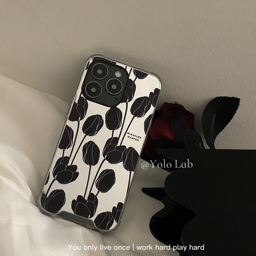 Ốp điện thoại mềm tráng gương họa tiết hoa tulip màu tối dành cho iPhone 11 12 13 Promax x xr