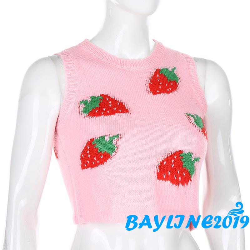 Áo Croptop Không Tay In Hình Quả Dâu Dễ Thương Cho Nữ