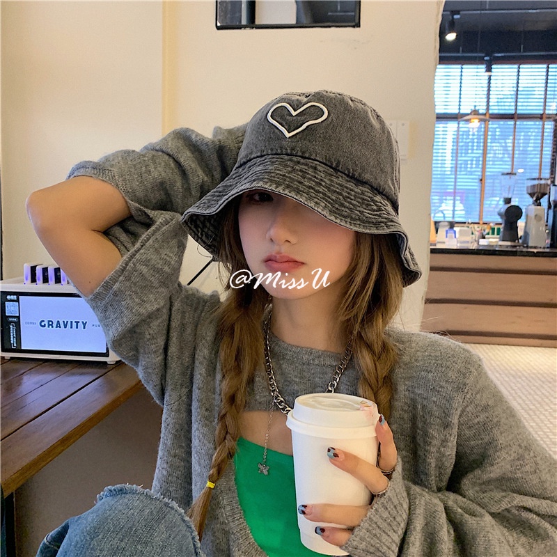 Mũ Tai Bèo Vải Denim Màu Đen Họa Tiết Trái Tim Chống Nắng Thời Trang Cho Nữ