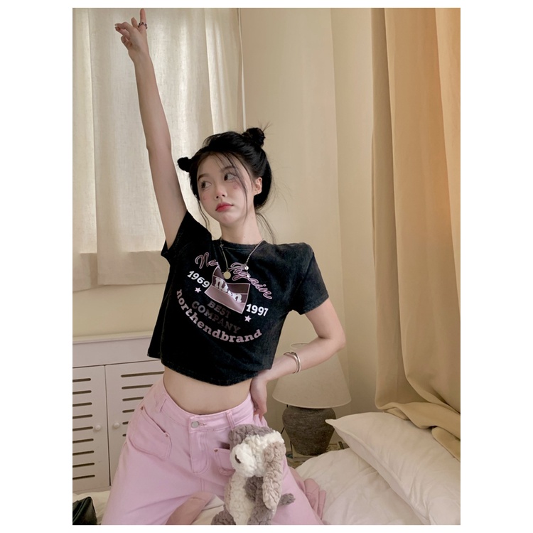 Áo Thun Dáng Ôm In Họa Tiết Kiểu retro Mỹ Xinh Xắn Cho Nữ