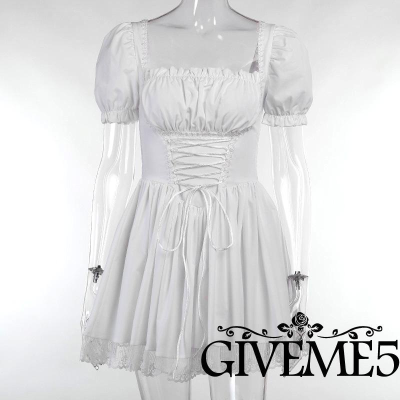 Đầm chữ A tay phồng màu trơn phối ren thời trang cho nữ