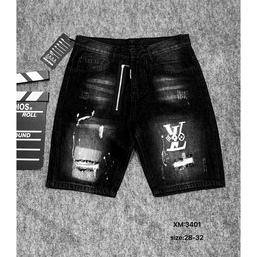 Quần short jean nam cao cấp đen rách chất bò giá rẻ thêu logo co giãn nhẹ khóa lệch AHFASHION