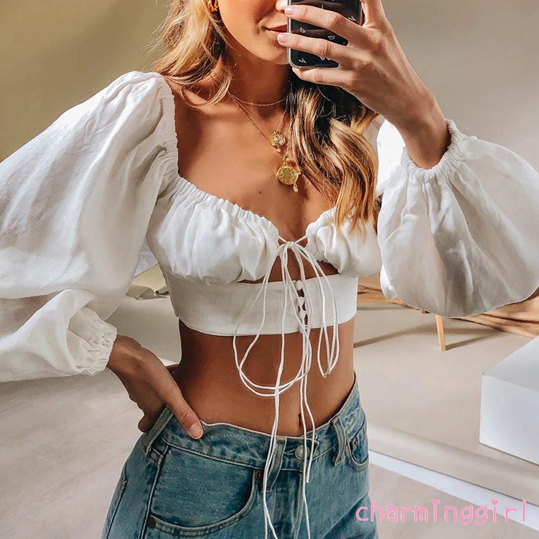 Áo crop top hở eo tay phồng buộc dây thời trang cho bạn gái | BigBuy360 - bigbuy360.vn