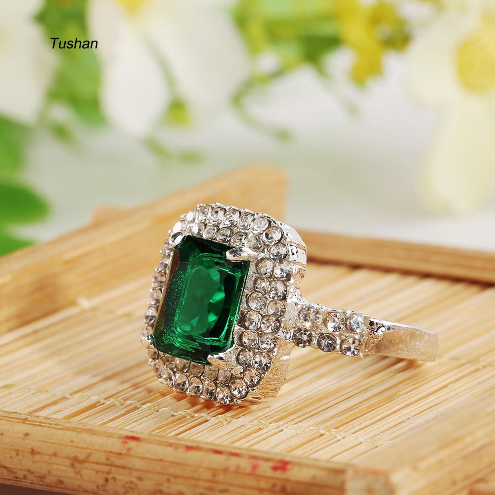 Nhẫn Cưới Mạ Bạc Đính Đá Zircon Màu Xanh Lá Cây Thời Trang Cho Nữ