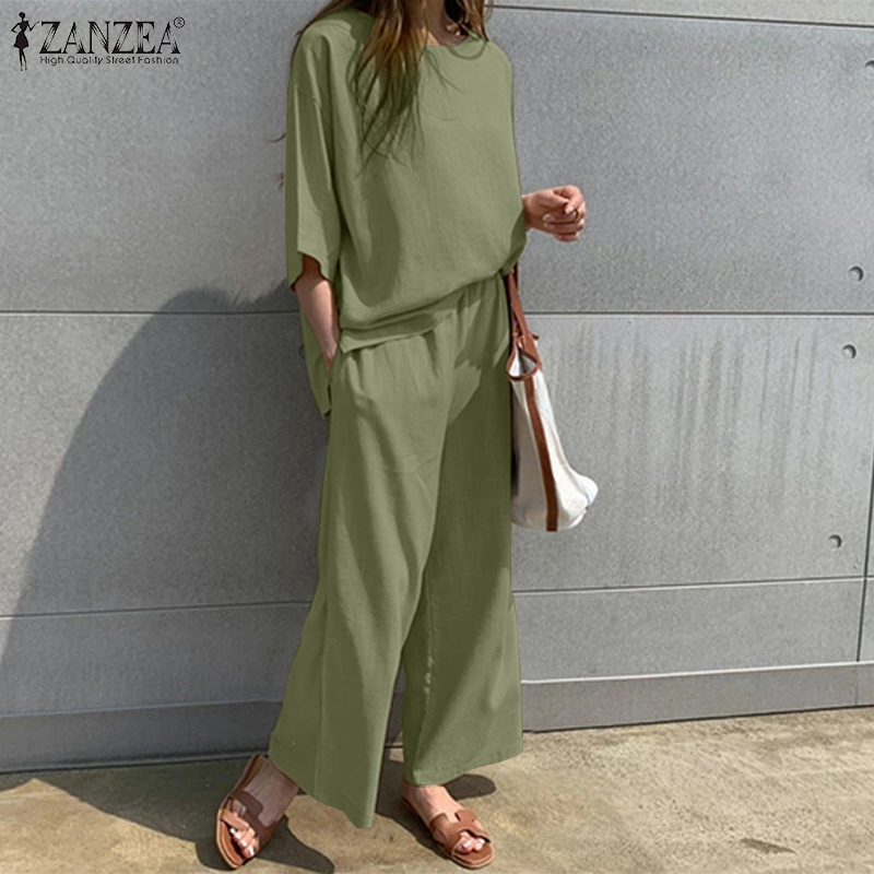 Set đồ Zanzea gồm áo thun tay lửng dáng rộng + quần dài lưng thun thời trang Hàn cho nữ