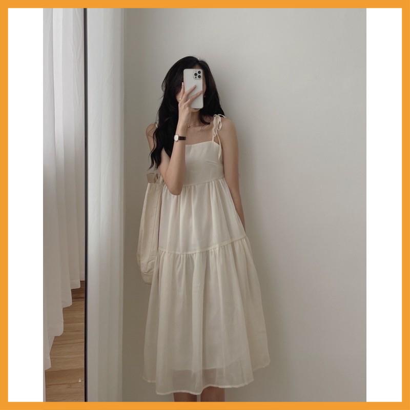 [MÃ VAY18 GIẢM 30K ĐƠN 500K] Váy, đầm hai dây voan tơ buộc vai 2 lớp (đen, be)