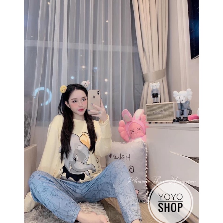 Đồ bộ thun tay dài Quảng Châu, pijama quần dài, đồ mặc ở nhà họa tiết hoạt hình dễ thương thun mềm mịn YoYo | BigBuy360 - bigbuy360.vn
