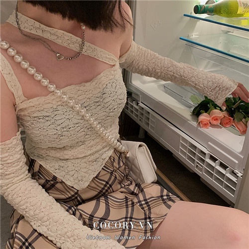 Cocory vn Áo Croptop Phối Ren Chống Nắng 3 Màu Sắc Tùy Chọn Thời Trang Quyến Rũ Cho Nữ