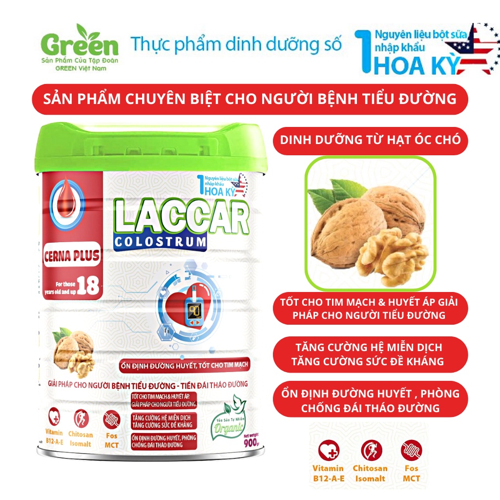 Sữa bột Green Milk Laccar Colostrum Cerna Plus 900g Chuyên biệt cho người bệnh tiểu đường, tiền đái tháo đường