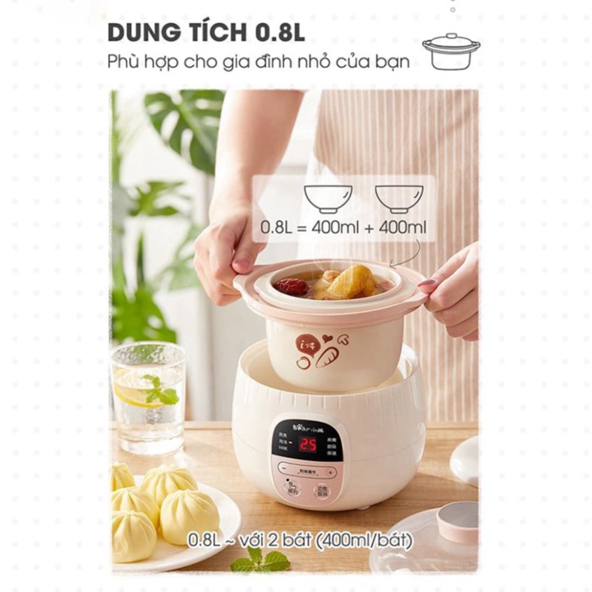 Nồi nấu cháo chậm đa năng Bear 0,8L SUBE001 có lồng hấp- Hàng quốc tế Bảo Hành 12 tháng chính hãng