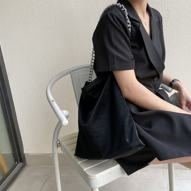 IELGY Túi Đeo Vai Da Mềm Cỡ Lớn Phối Dây Xích Kiểu Hàn Quốc Cho Nữ