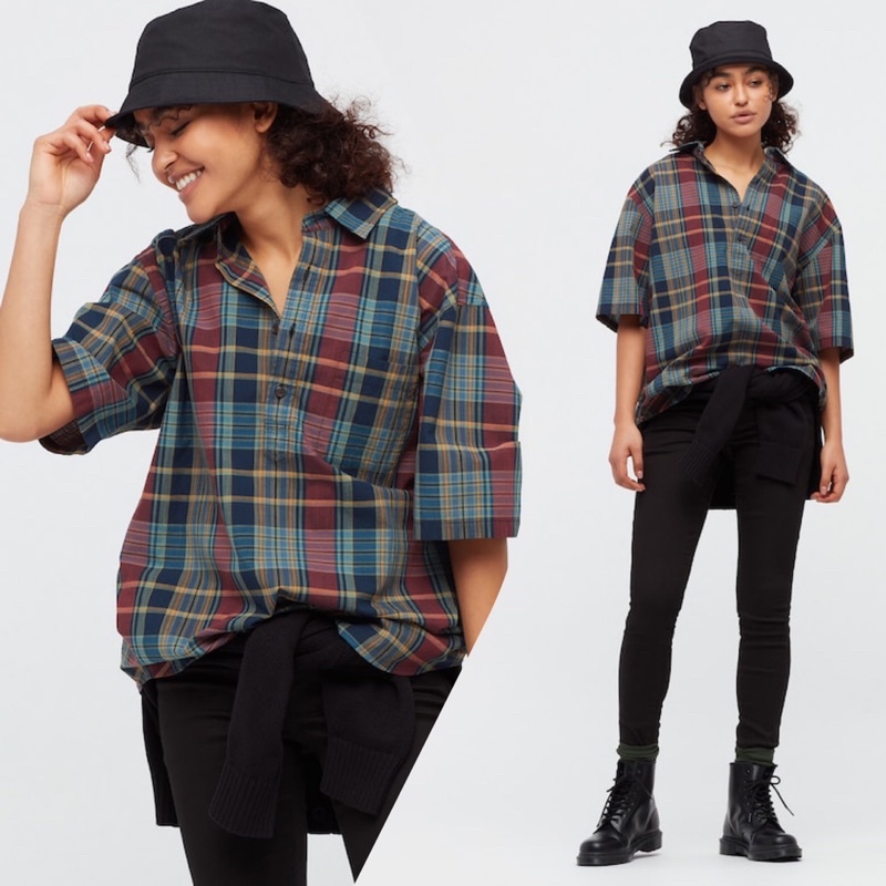 Áo sơ mi polo nam cộc tay kẻ caro thời trang của Uniqlo