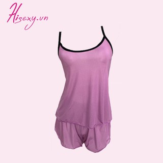 T176 HISEXY Đồ Bộ Ngủ Thun Tím Hồng Viền Đen Quần Cộc Co Dãn Dưới 62Kg