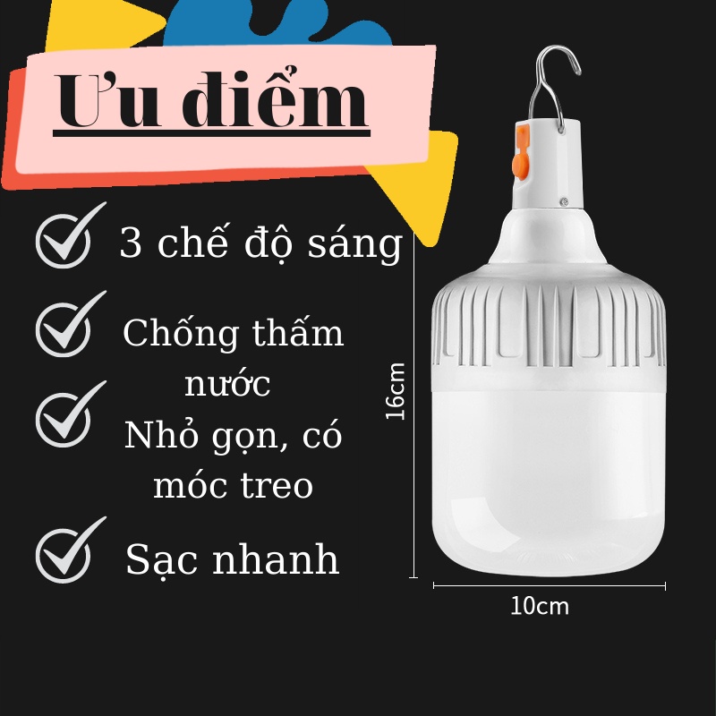 Bóng Đèn Tích Điện Bóng Đèn Led Sạc Tích Điện Đa Năng Bi 3 Chế Độ Sáng Đèn Led Akio