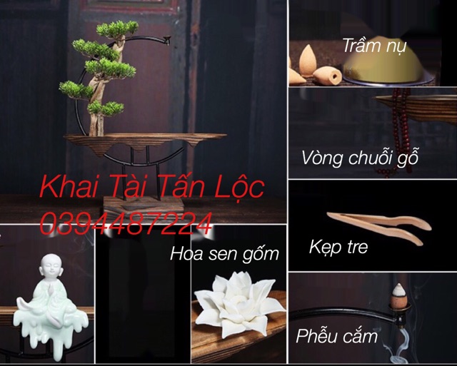 Bộ tượng chú tiểu ngồi thiền và kệ gỗ thác khói kèm phụ kiện 7 món