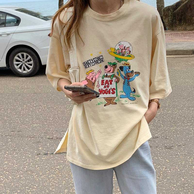 Áo thun tay ngắn dáng rộng in họa tiết hoạt hình thời trang mùa hè cho nữ