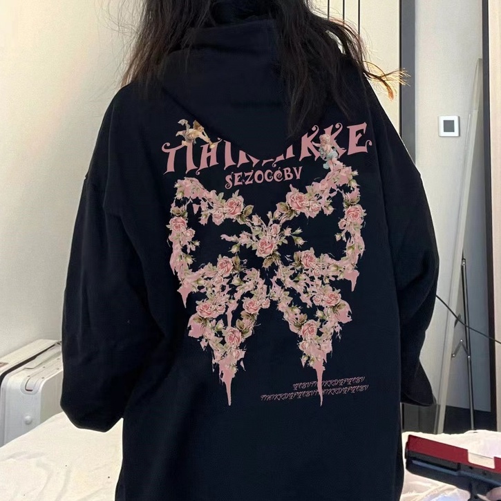 Áo Hoodie Dài Tay In Chữ Và Bướm Thời Trang Dành Cho Nữ