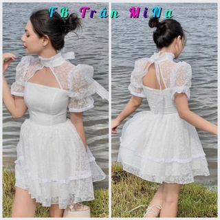 Đầm nữ đi chơi trắng phối voan hoa cổ cutout ngực cột nơ sau