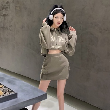 Bộ Áo Sweater Tay Dài Khóa Kéo Nửa In Chữ + Chân Váy Lưng Cao Thời Trang Mùa Thu Phong Cách Hàn Quốc Cho Nữ