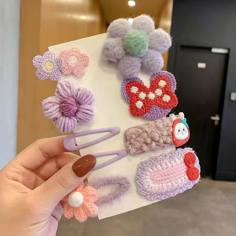 Set kẹp tóc phủ lông hình trái cây, nơ, bông hoa, lá phong cách Hàn Quốc