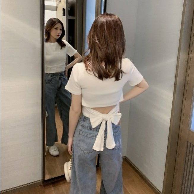 Áo Thun Ngắn Tay Thắt Dây Eo Cổ Tròn Phong Cách Hàn Quốc Dành Cho Nữ