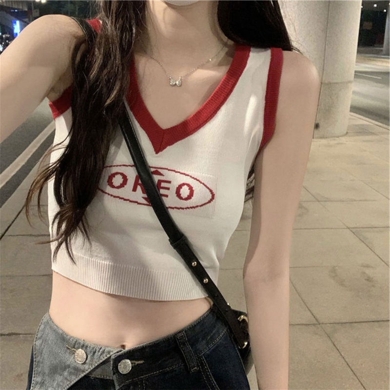 Áo Croptop Dệt Kim Sát Nách Cổ Chữ V Khoét Sâu Gợi Cảm Cho Nữ