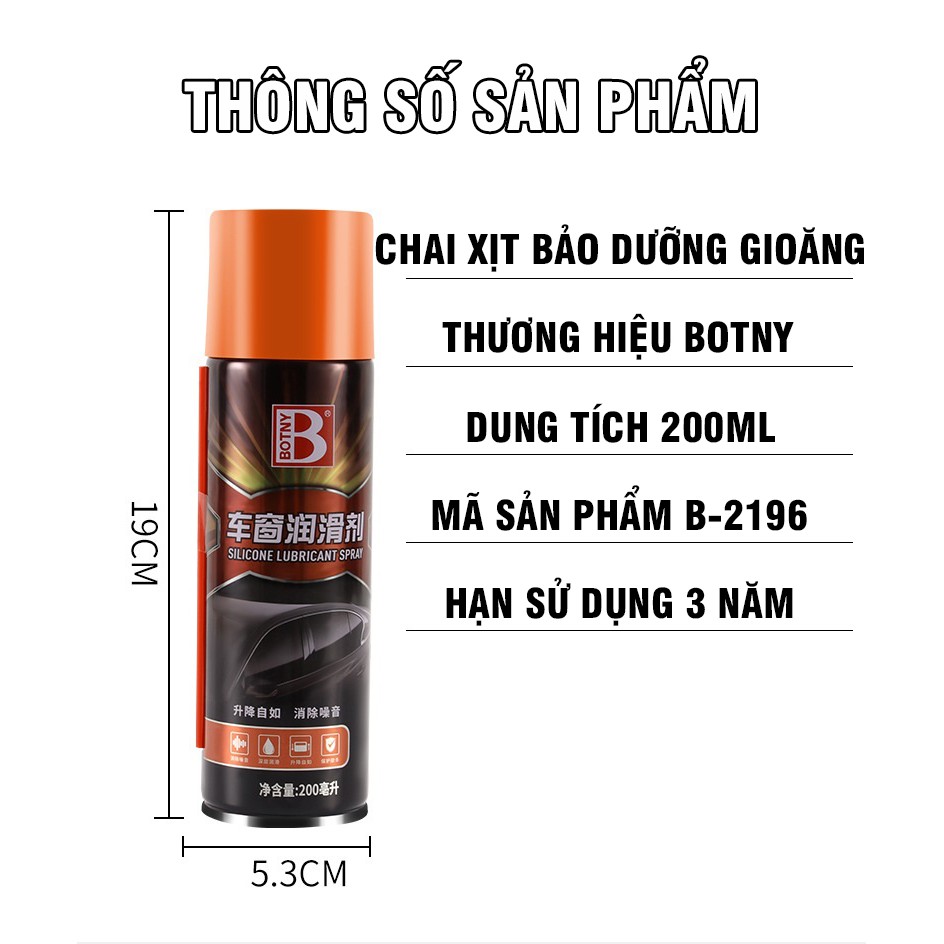 Chai xịt bảo dưỡng gioăng cao su ô tô, xe máy, xe hơi, xe tải, Botny B-2196 dung tích 200ml -TC AUTO