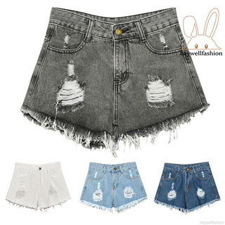 Quần Short Jean Rách Cạp Cao Cho Nữ