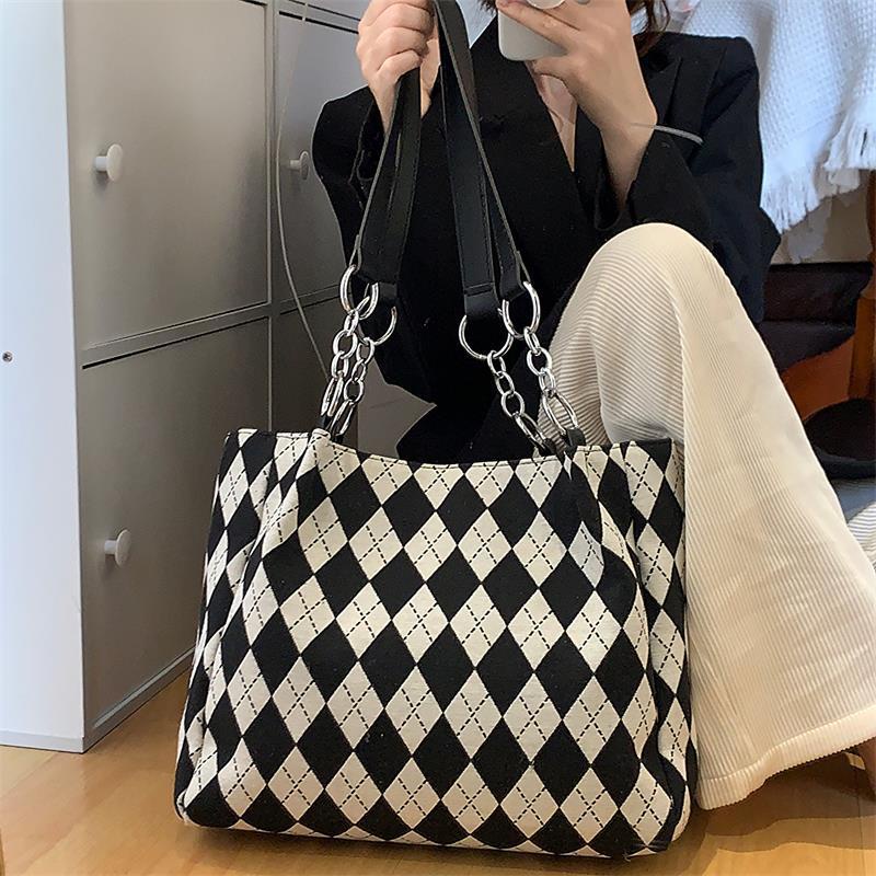 Túi Xách canvas Cỡ Lớn Kẻ Sọc Caro Trắng Đen Thời Trang Phong Cách Âu Mỹ Cho Nữ
