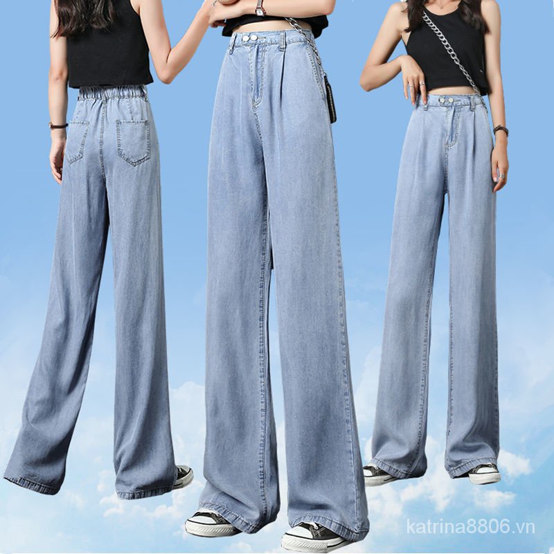 Quần jeans lưng cao thời trang ống rộng phong cách mùa hè cho nữ