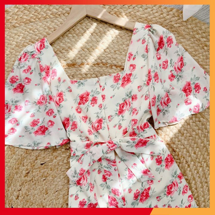 Đầm xòe hoa⚡𝗙𝗥𝗘𝗘 𝗦𝗛𝗜𝗣⚡ Đầm hoa cổ U cúc bọc phối tay cánh tiên siêu che khuyết điểm màu cực ngọt | BigBuy360 - bigbuy360.vn