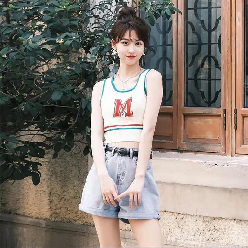 Porozi  Áo croptop hai dây dệt kim  sát nách in chữ thời trang Hàn Quốc cho nữ