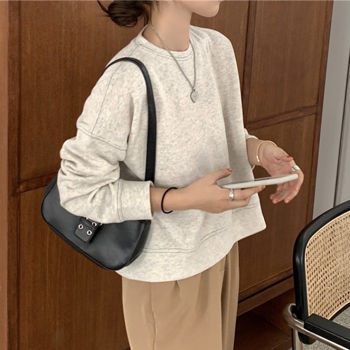 Áo sweater tròng đầu dáng rộng màu trơn phong cách Hàn Quốc