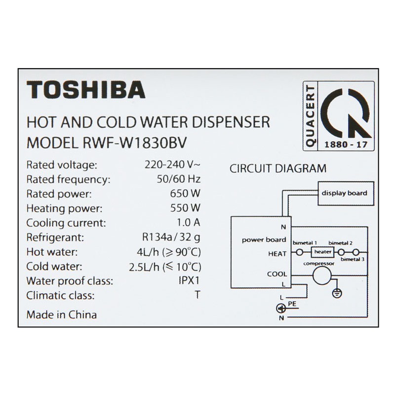 Cây nước nóng lạnh Toshiba RWF-W1830BV(W) - Công suất làm nóng 550W, làm lạnh 100W - Bảo hành 12 tháng