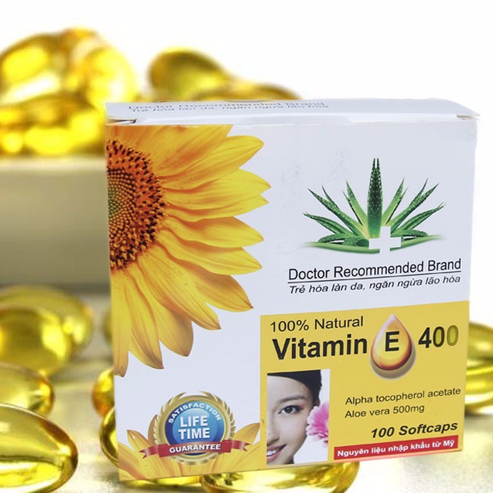 Viên uống đẹp da Vitamin E400, Hộp 100v bổ sung Vitamin E 400 kèm tinh chất lô hội giúp chống lão hóa, tốt cho sinh lý