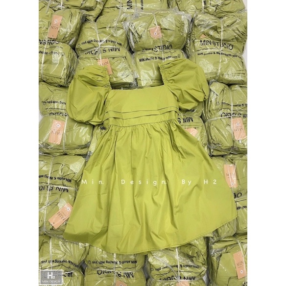 Váy babydoll dự tiệc sang trọng xoè nơ lưng bản to ngực xếp li tay bo bồng màu xanh hồng V243 freesize AĐ BOUTIQUE