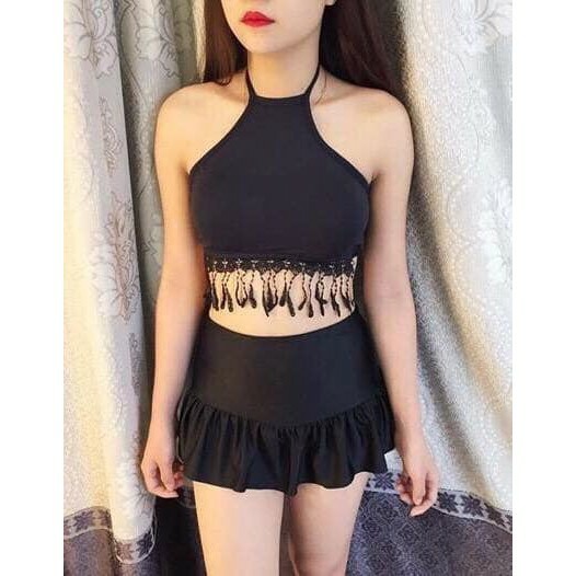 Bikini áo tắm đồ bơi 2 mảnh áo yếm tua rua đen cực xinh | BigBuy360 - bigbuy360.vn