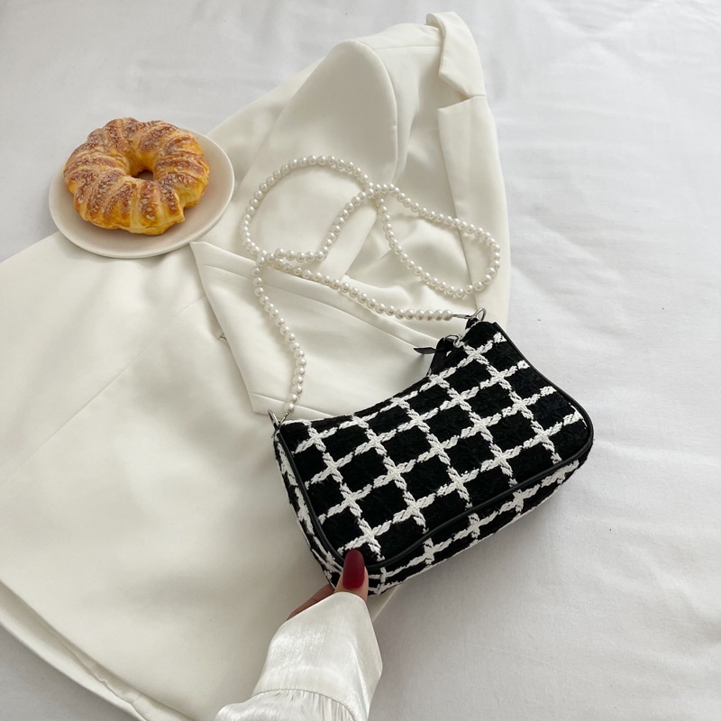 Túi Xách Đeo Vai Hình Vuông Cỡ Nhỏ Họa Tiết Sọc Caro Trắng Đen Phong Cách Phương Tây Thời Trang Mùa Thu