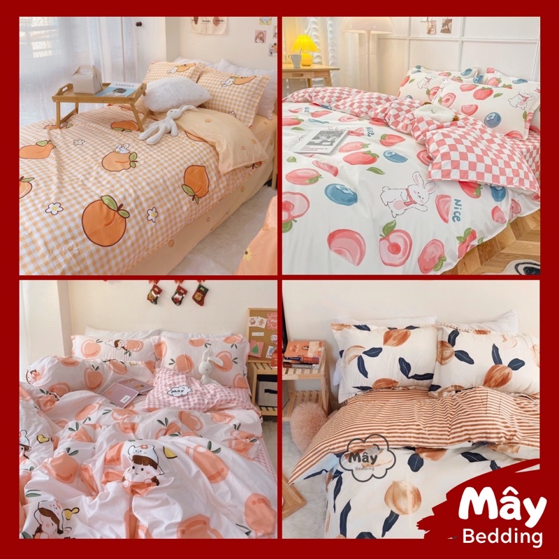 Bộ chăn ga gối Cotton Poly họa tiết quả đào màu hồng cam MÂY BEDDING đủ kích thước nệm