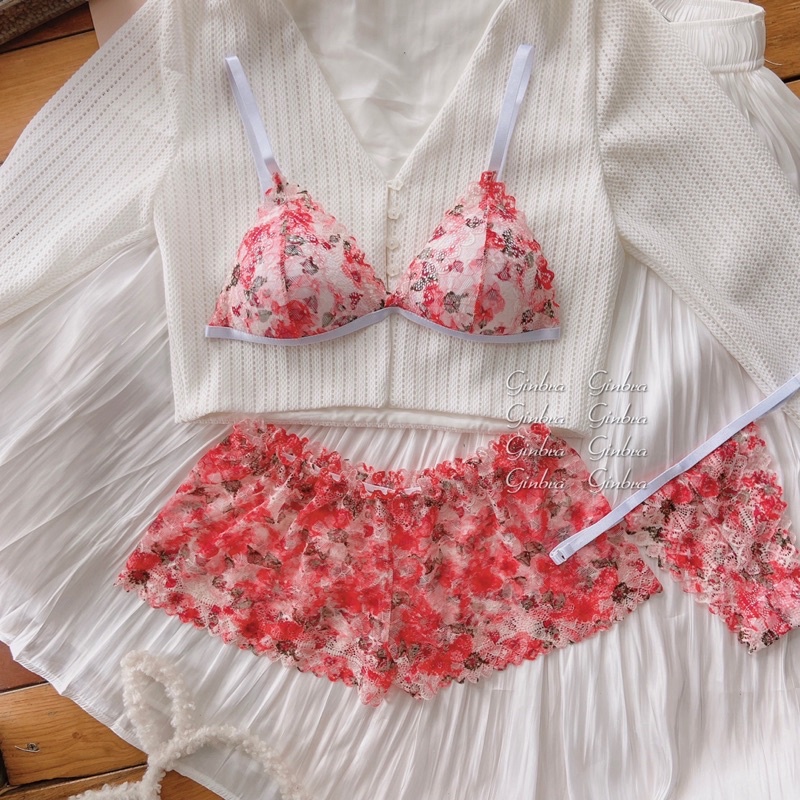 set bralette ren , nội y nữ , đồ lót nữ ren hoa đỏ kèm quần đùi nhún eo sexy