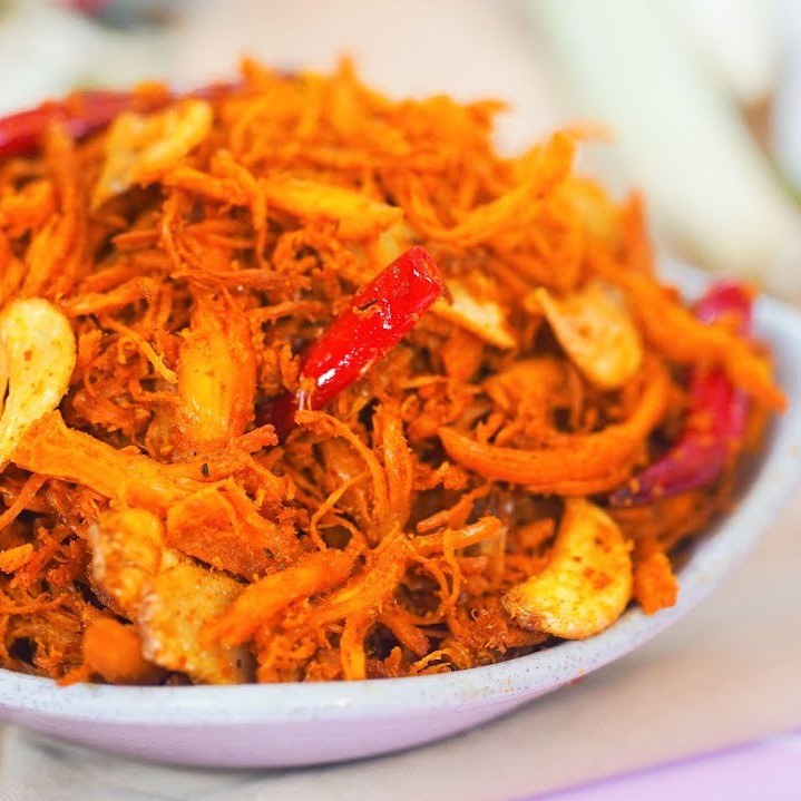 Khô gà bơ tỏi xé sợi cay cay loại 1, đảm bảo vệ sinh an toàn thực phẩm, Bapbap ăn vặt Hà Nội
