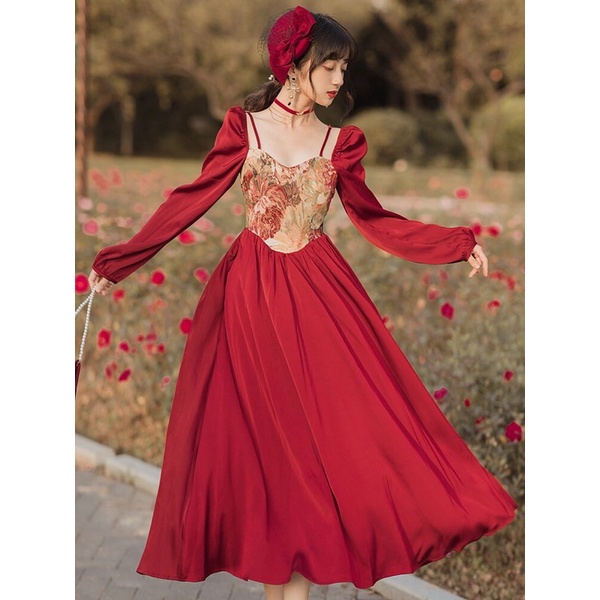 Váy vintage tiểu thư lụa đỏ phối vải bố