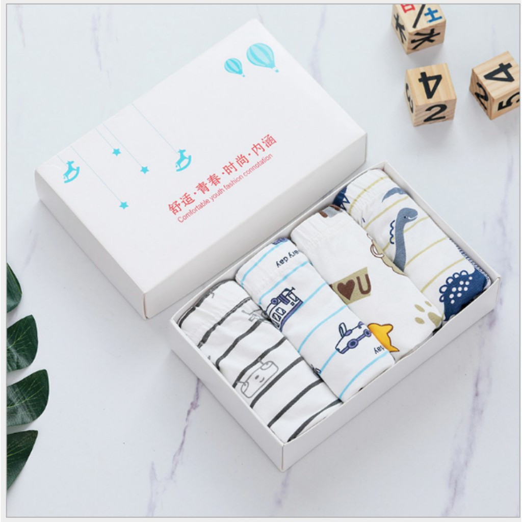 Quần lót bé trai, quần chip đùi bé trai HIKITO cotton cao cấp thoáng mát Hộp 4 quần phù hợp cho bé 2-11 tuổi size 9-35kg