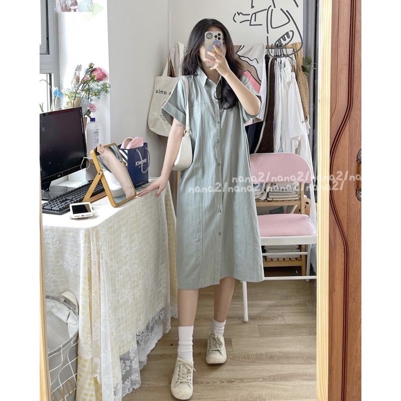 [Có sẵn] Váy Sơmi Xắn Tay Dáng Rộng Oversize