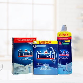 Combo viên rửa bát Finish classic 110 viên + muối rửa bát Finish 1,5kg + nước làm bóng Finish 750ml dùng cho máy rửa bát