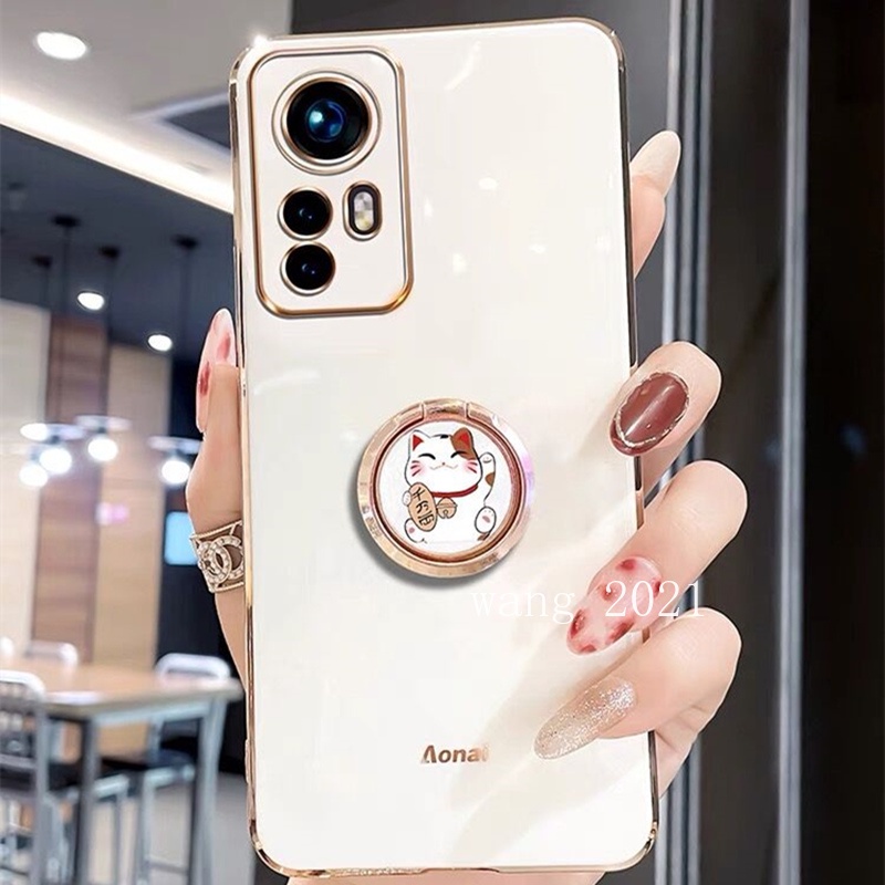Ốp Điện Thoại Mềm Mạ Điện Màu Kẹo Có Vòng Đỡ Hình Mèo May Mắn 2022 Cho Xiaomi 12T Pro 12 Lite POCO M5s C40